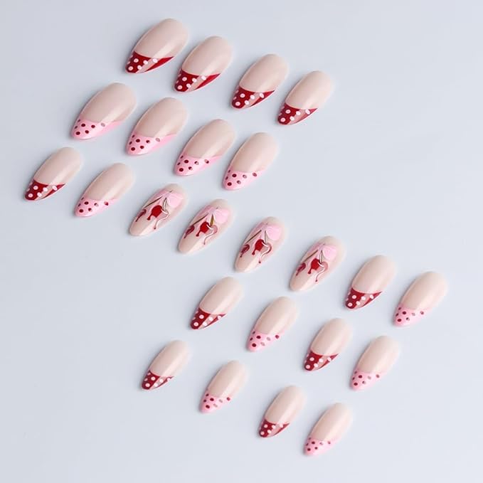 French Tip Press on Nails Almond - Medium Fake Nails with Cherry Polka Dot Design - Pink Red False Nails Press ons - for Women 24 Pcs