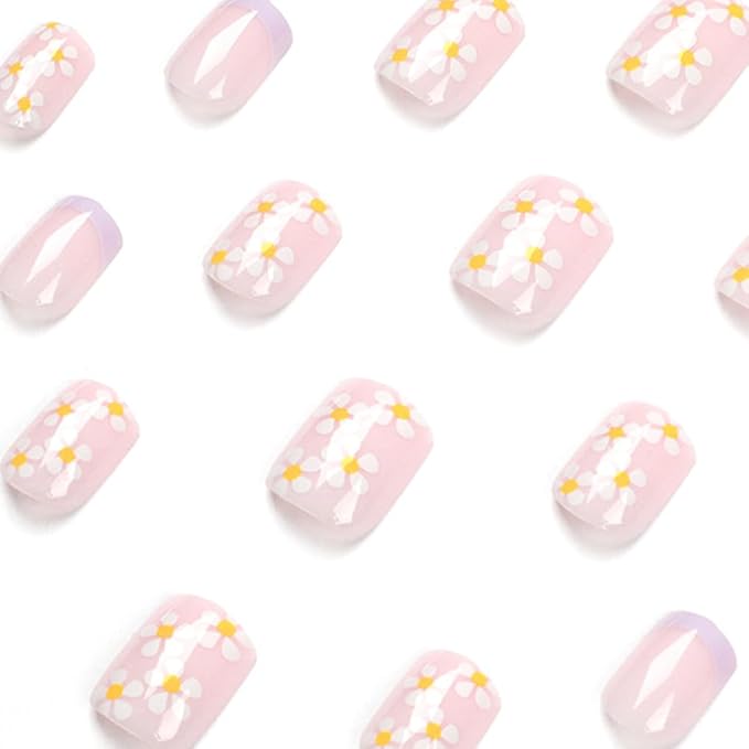 Press on Nails Square Short Short Fake Nails Press ons Purple French Nail Tips Artificial Acrylic Kit Full Cover False Nails with Flower Glossy Design Stick on Nails for Women 24Pcs