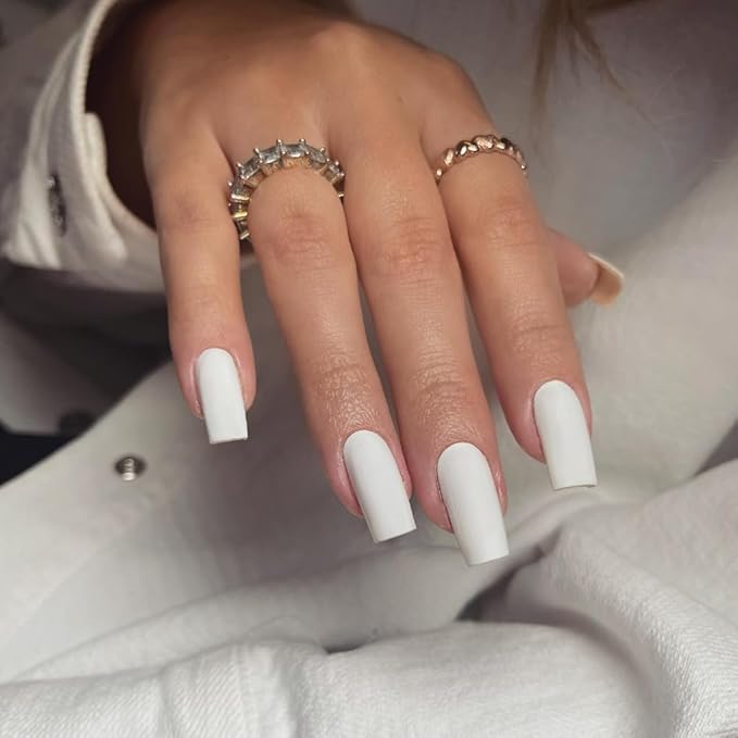 KQueenest Matte White Press on Nails Long Medium Square, Milky White Fake Nails Medium Coffin, Sheer Color Acrylic Nails Press ons, Reusable Soft Gel Glue on Nails for Women Fall Winter
