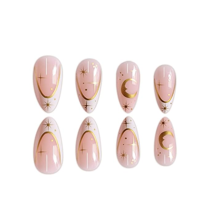 Medium Press on Nails Almond Fake Nails French False Nails Artificial Nails Stick on Nails for Women 24pcs