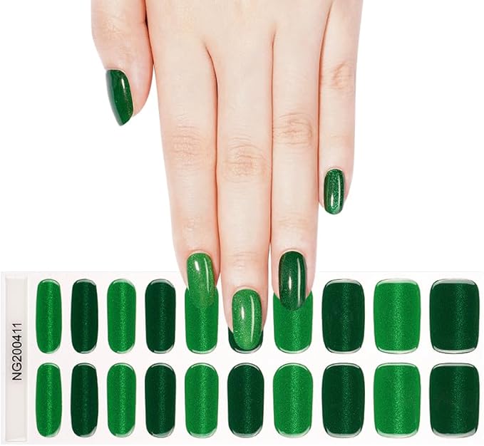 Semi Cured Gel Nail Strips 20 Pcs Green Glitter Gel Nail Wraps,Stickers, UV Light Required Nail Art Design Decoration Accessories