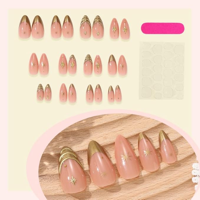 Almond Press on Nails Medium Fake Nails Gold French Tips False Nails Star Stripe Glue on Acrylic Nails Nude Glossy full Cover Stick on Nail for Women Girls 24Pcs