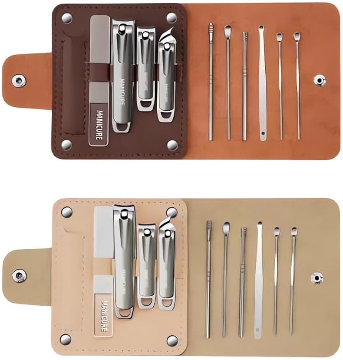 Manicure Set Nail Clippers，10-Piece Professional Nail Care Kit with Leather Case, Stainless Steel Manicure and Pedicure Tools (Brown)