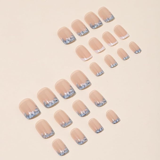 Press on Nails Square Short Spring Fake Nails Press ons Flower French Nail Art Tips Artificial Acrylic Kit Full Cover Pink False Nails with Glossy Design Stick on Nails for Women 24Pcs