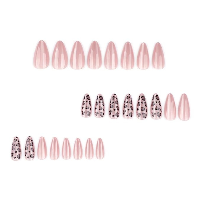 Leopard Press on Nails Medium Almond Fake Nails Nude Cat Eye Nails Press ons with Design,Reusable & Easy Apply Full Cover Stick on Nails for Women Fall Winter Manicure 24Pcs