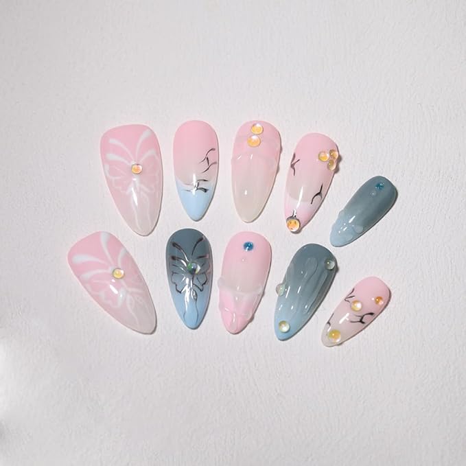 10PCS Luxury Handmade Press On Nails Nude Gradient Cat's Eye with Pearl Bow & Sparkling Rhinestones for Wedding & Party Reusable Almond Fake Nails Design Gift For Women and Girls (L03, S)