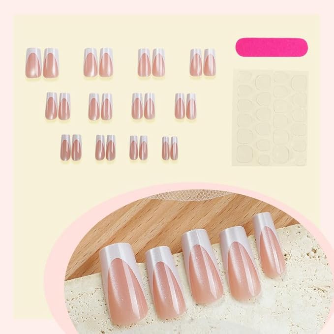 French Tip Press on Nails Medium Square Fake Nails Press ons with Designs Chrome False Nails Glossy Cat Eye Full Cover Glue on Nails Cute Acrylic Stick on Nail for Women Nail Decoration 24Pcs