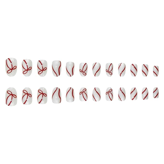 Christmas Press on Nails Short Oval MABKJLF Fake Nails False Nails with Bow Stripes Pearlescent Designs Glossy Glue on Nail Winter Full Cover Acrylic Nails for Women Girls 24Pcs