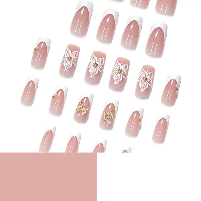 Press on Nails Square - White French Tip Fake Nails with Flower Butterfly Design - Medium Long False Nails - for Women 24 Pcs