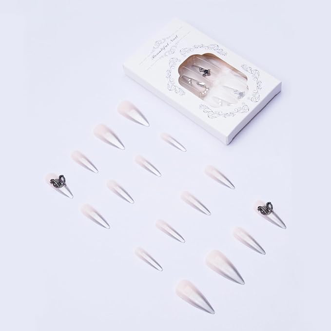 MISUD Press on Nails - Long Stiletto Fake Nails with Silver Chrome, Acrylic Goth Y2K Charms Design 24 pcs