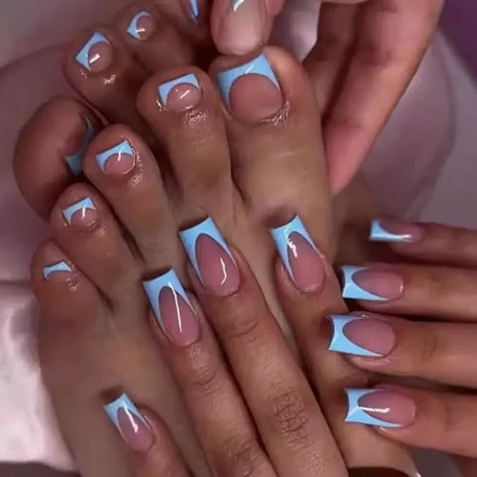 60Pcs Medium Press on Nails Square & Press on Toenails Set, Blue French Tip Press on Nails Short Square Press on Toe Nails Summer False Toenails Full Cover Stick on Nails for Women