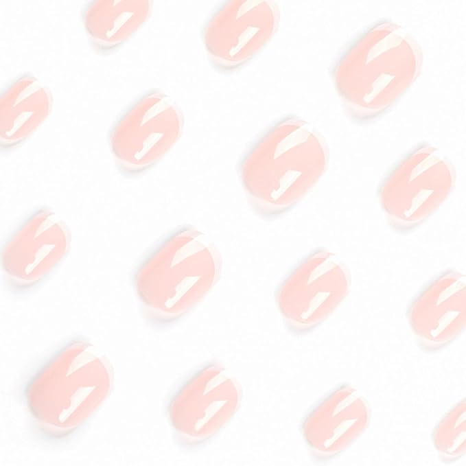 Short Square Press on Nails Petite MABKJLF French Tip Fake Nails Light Pink Full Cover White Nail Tip False Nails with Nail Glue Glossy Glue on Nails Manicure Artificial Nails for Women Girls 24Pcs