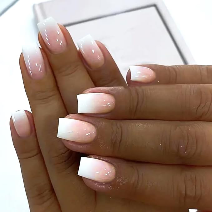 Sqaure Fake Nails Short Ombre Press on Nails White Nude Gradient False Nails Press ons Glossy Acrylic Artificial Nails Glue on Nail for Women Girls 24Pcs
