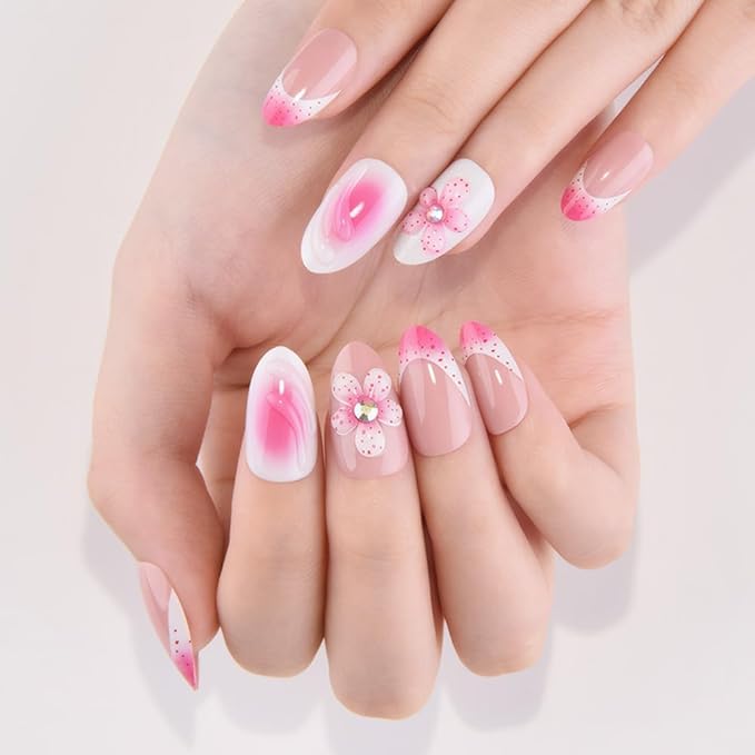 evpct 3D Flower French Tip Press on Nails Short Almond, Nude Pink White Glossy Fake Nails with Peach Flower & Rhinestones Designs, Stick on Nails with Nail Kit, 24Pcs Reusable Stick on Nail Kit Women