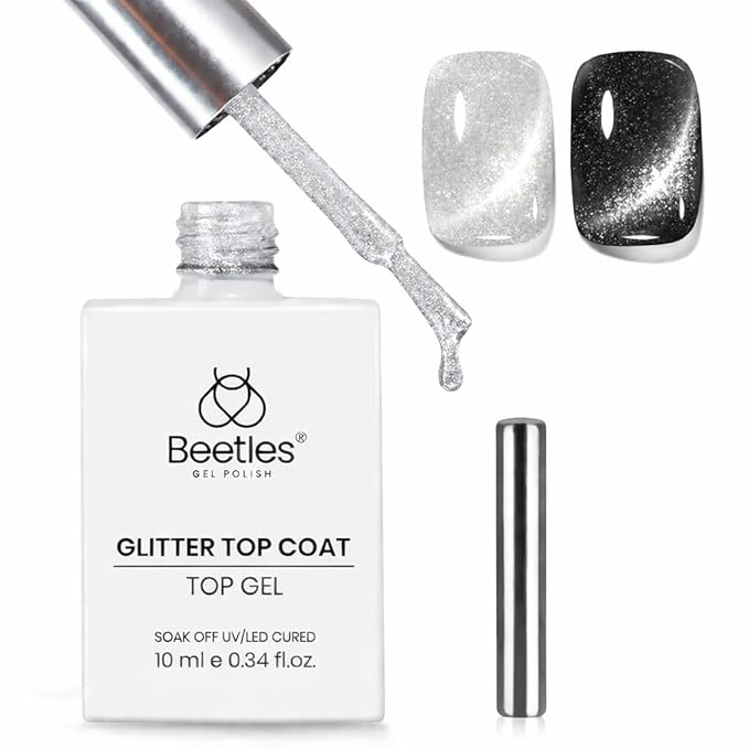 Beetles Cat Eye Gel Top Coat，2 in 1 Top Coat Gel Nail Polish & Cat Eye Magnetic Effect No Wipe - Shine Finish and Long Lasting, Soak Off LED Nail Lamp Nail Art Design Manicure Diy at Home