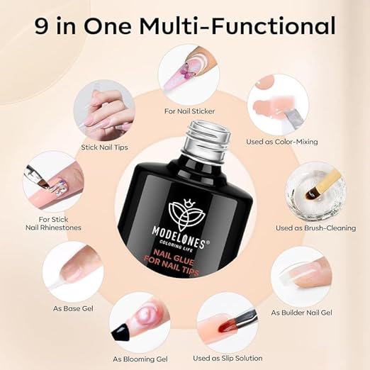 modelones 9 in One Nail Builder Glue Gel for Nails Set for Nails Thickening, Adhesive Bond for Nail Tips, Long Lasting Curing Needed