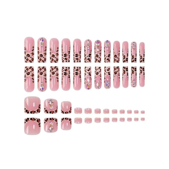 Pink French Tips Press on Toenails Leopard Press on Nails Long Square False Nails with Rhinestones Design Diamond Fake Toenails Glossy Reusable Summer Fake Nails for Women Girls DIY Manicure 48Pcs