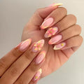 Medium Press on Nails Almond - French Tip Fake Nails with Ombre Flower Design - Glossy Full Cover Stick on False Nails - for Women Manicure 24 Pcs