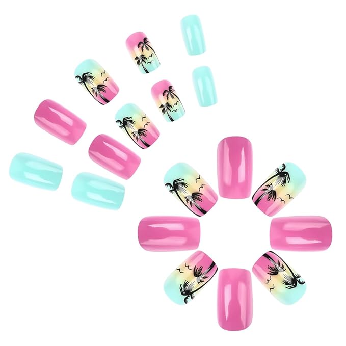 Tropical Press on Nails Summer Beach Fake Nails Short Square Nails Press ons with Design Reusable Artificial Nail Full Cover Glue on Nail Stick on Nails for Women Manicure 24Pcs
