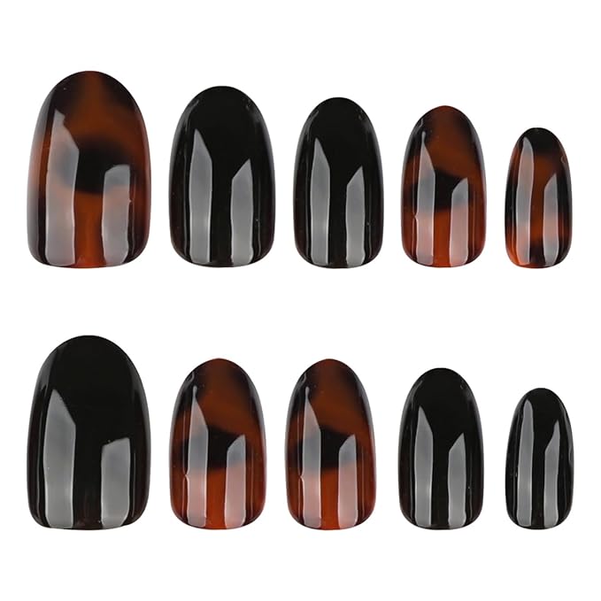 Tortoise Shell Press on Nails - Black Short Almond Nails Fall Winter False Nails Press ons with Design, Glossy Acrylic Full Cover Stick on Nails for Women Manicure 24Pcs