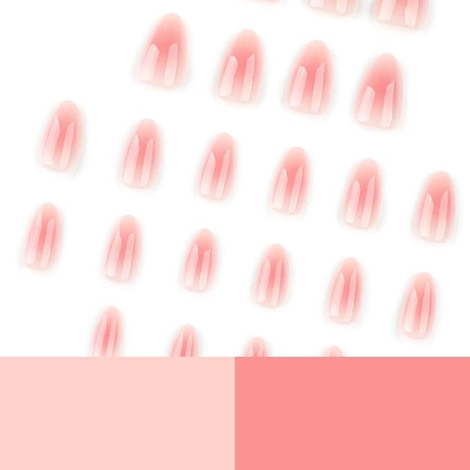 Pink Aura Press on Nails Short Almond Fake Nails Cute False Nails Press ons with Design for Women Manicure,Glossy Finish | Reusable | Nail Kit with Jelly Adhesive Tabs | 24 Pcs