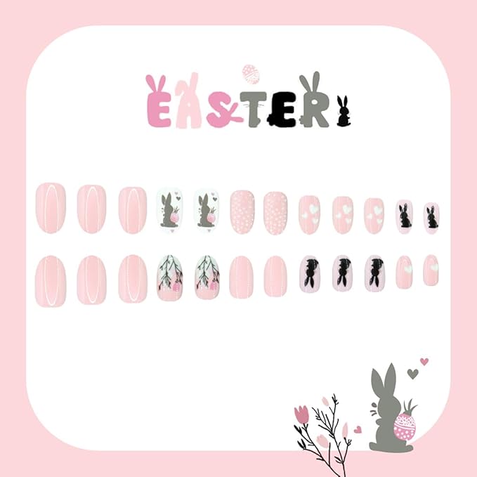 Pink Easter Press on Nails - Medium Oval Fake Nails with Cute Rabbit | Flower | Heart Designs False Nails Press ons Reusable Full Cover Stick on Nails Easter Nails for Women Manicure 24Pcs