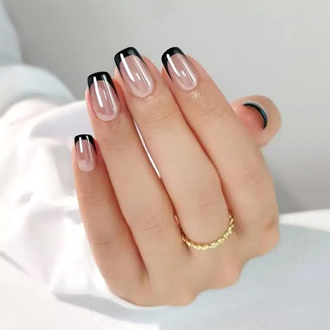Press On Nails - Midnight | Chrome Black French Tip, UV Finish Short Squoval Nails, Reusable, Salon Quality | 32 Nails, 16 Sizes Kit with Glue and Adhesive Tabs