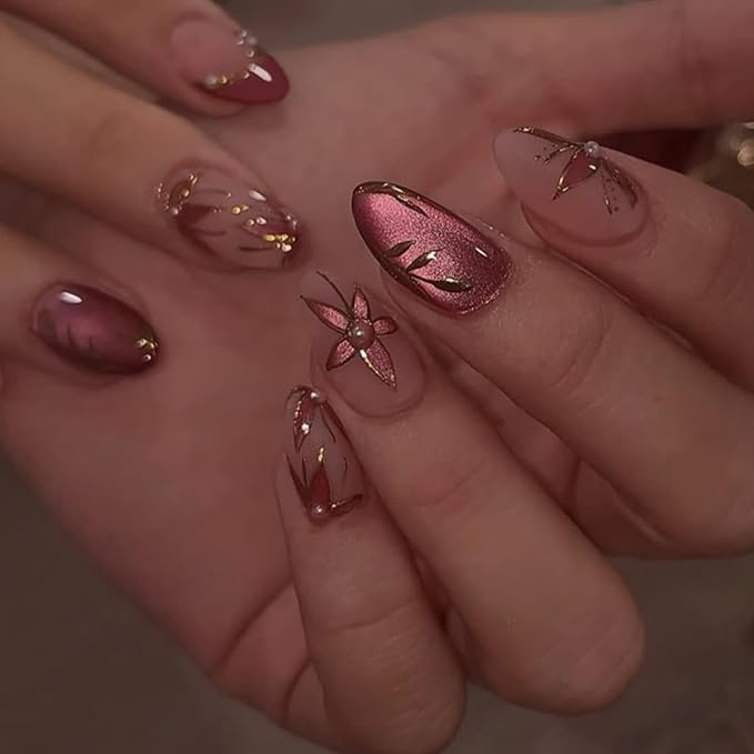 Short Almond Press on Nails, Red Cat Eye Press on Nails, Red Flower Fake Nails Press ons with Leaf & Pearl Designs, Glossy Nude Glue on Nails for Women, Glossy Finish | 12 Sizes - 24 Pcs