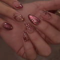 Short Almond Press on Nails, Red Cat Eye Press on Nails, Red Flower Fake Nails Press ons with Leaf & Pearl Designs, Glossy Nude Glue on Nails for Women, Glossy Finish | 12 Sizes - 24 Pcs