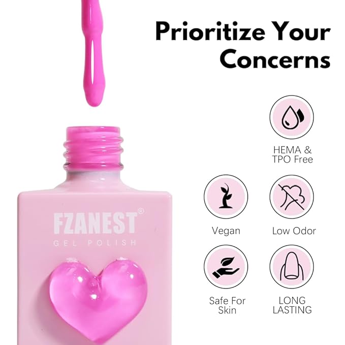 FZANEST 30pcs Gel Nail Polish Set, Professional HEAM-free TPO-free 10ml 26 Bright Colors DIY Gel Nail Set with Base Top Coat, Matte Top & Blooming – Pink Heart Shaped Bottles