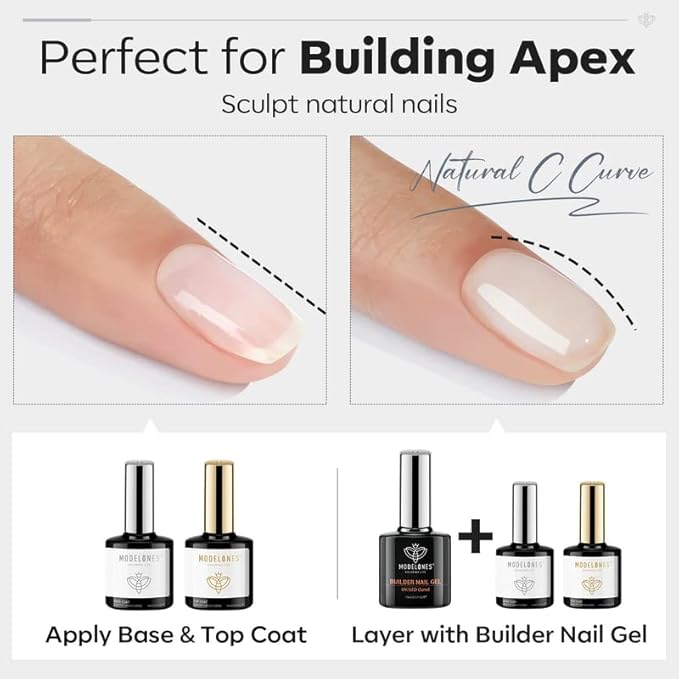 modelones Builder Nail Gel with Gel Top Coat, 3Pcs Clear Builder Nail Kit for Thickening Apex Building Extension Rhinestone Gel Tips Glue, U/V LED Lamp Cured for Home DIY Salon Girls (Pack of 2)