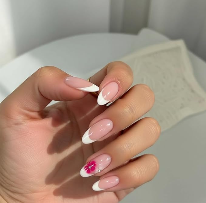 Press on Nails Almond Painted Flowers French Fake Nails French Fake Nails Reusable Nail Kit with Nail Glue Adhesive Tabs Mini File for Women Manicure Art Decoration 24PCS