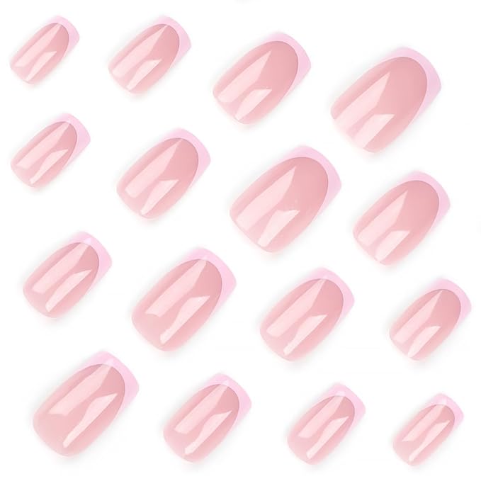 Pink Press On Nails Medium French Tip Fake Nails Nude Pink with Glossy Design Full Cover Artificial Glue on Nails White Glitter Stick on Nails Acrylic False Nails for Women Girls DIY Manicure 24Pcs