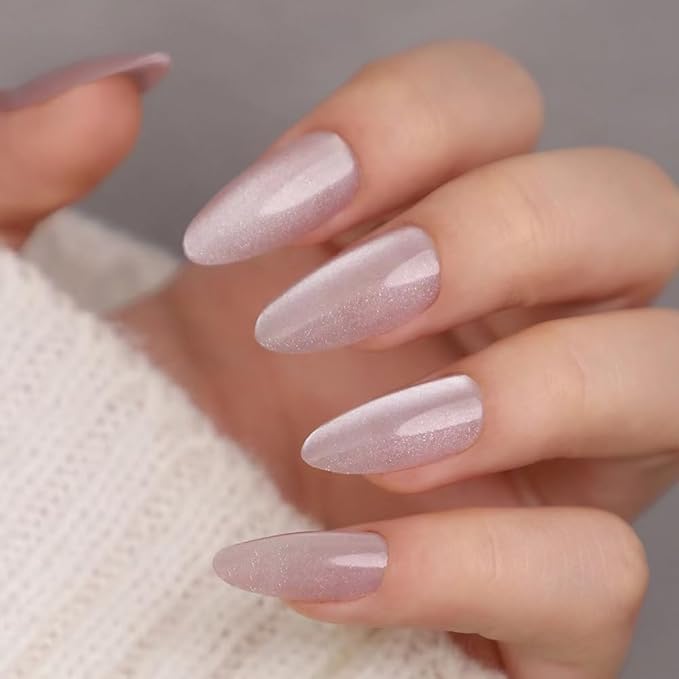Press on Nails Almond - Pink Fake Nails with Glossy Glitter Design - Medium False Nails Press ons - for Women 24 Pcs