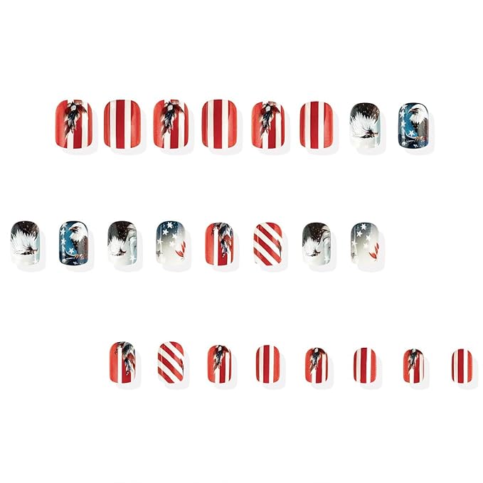 Short Press on Nails Square Owl Fake Nails Independence Day Nails Press ons Full Cover Glossy Stick on Nails with Stripe Designs Independence Day Glue on Nails for Women 24Pcs