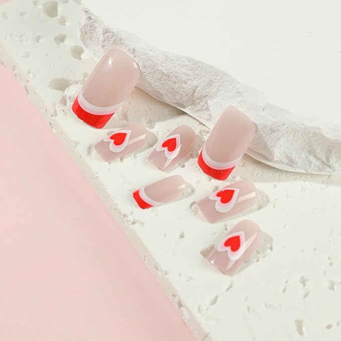 Square Press on Nails Medium - Pink French Tip with Heart Design - Gloosy Full Cover Stick on False Nails - for Women 24 Pcs