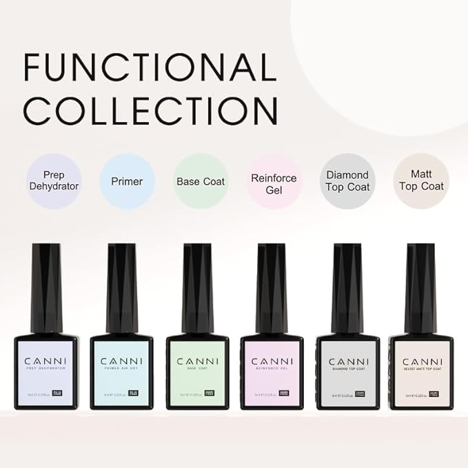 CANNI 6Pcs 9ml Hema-Free Nail Dehydrator Primer, Base Coat Reinforce Diamond Gel Top Coat and Matte Top Coat Gel Nail Polish Set, Soak Off LED Nail Gel Polish Set Nail Art Starter Manicure Salon