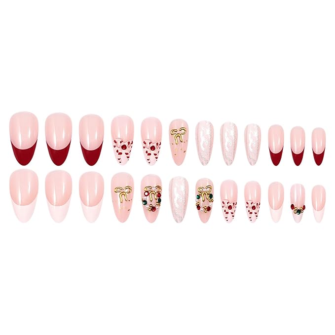 Christmas Press on Nails Medium Almond MABKJLF French Tip Fake Nails False Nails with Bow Pearls Rhinestones Designs Glossy Glue on Nail Winter Full Cover Acrylic Nails for Women Girls 24Pcs