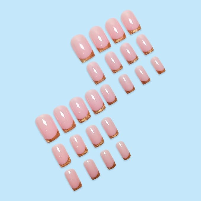 French Tip Press on Nails Medium Square Fake Nails Gold Glitter Nail Tip False Nails Glossy Chrome Acrylic Nail Nude Full Cover Glue Stick on Nail for Women Manicure 24Pcs