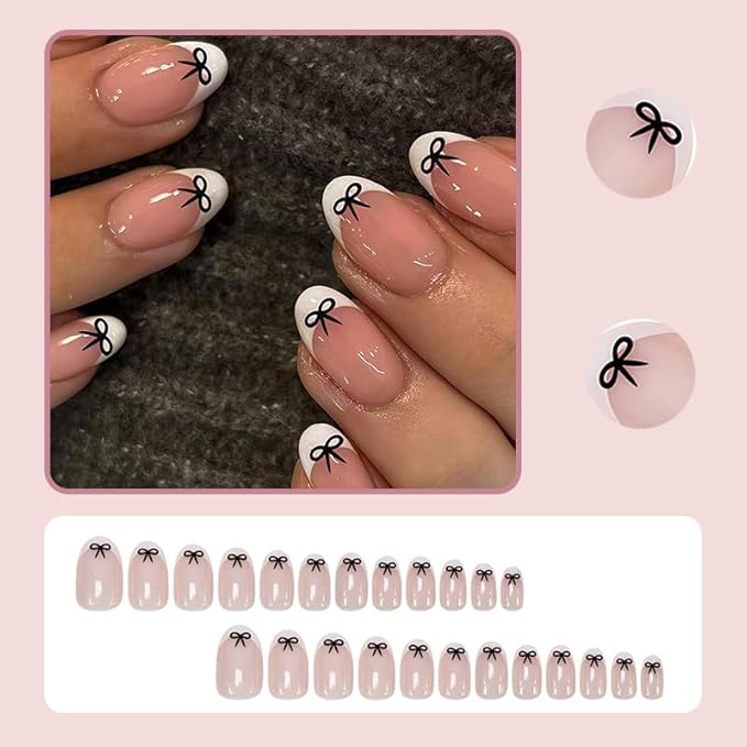 White French Tip Press On Nails Almond Short Fake Nails with Black Bow Design False Nails Valentines Day Bow Full Cover Acrylic Artificial Nails Press Ons Stick On Nail for Women DIY Manicure 24PCS