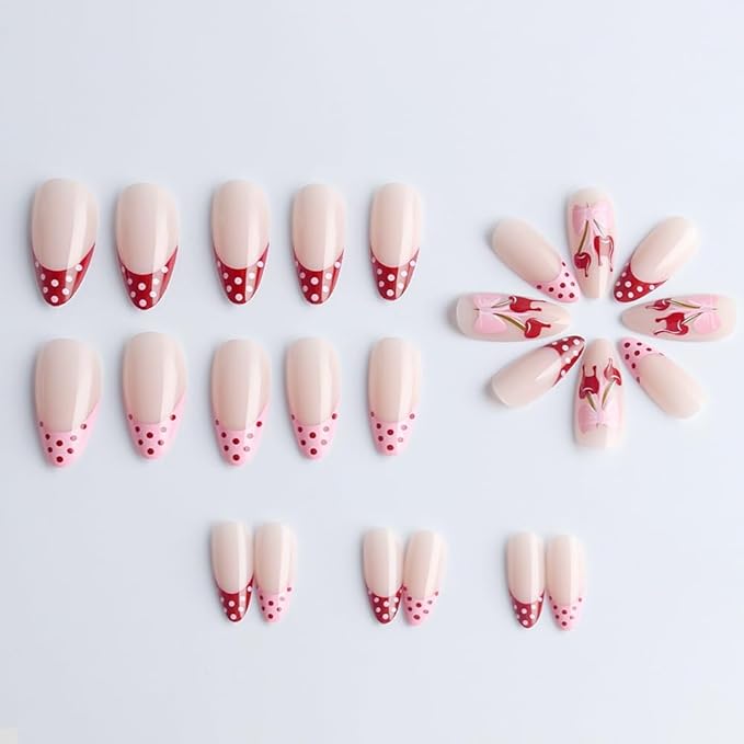 French Tip Press on Nails Almond - Medium Fake Nails with Cherry Polka Dot Design - Pink Red False Nails Press ons - for Women 24 Pcs