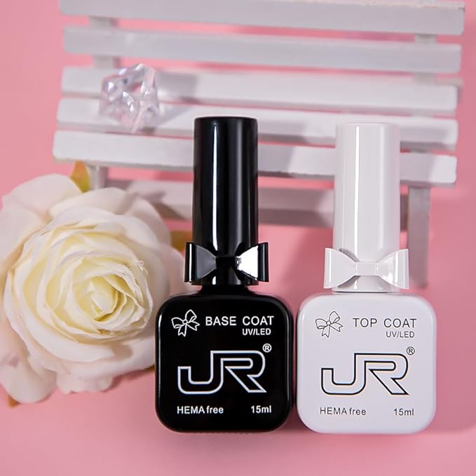 JR 6pcs 15ML HEMA&TPO Free No Wipe Gel Top &Base Coat Set Glossy Soak Off Clear Quick Dry High Glossy Shiny No Chip Long Lasting Air Dry Top Coat for Nail Art Manicure Professional Nail Salon