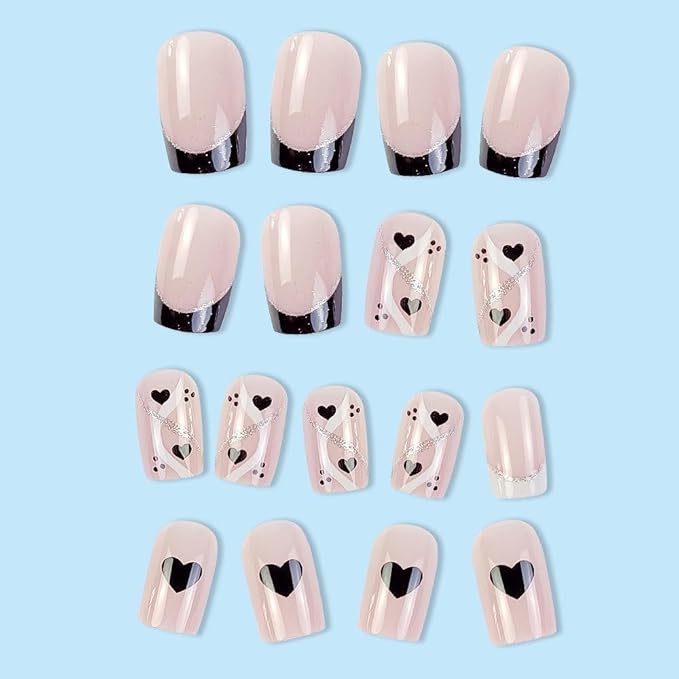 Short Press on Nails Square - French Tip Fake Nails with Black Heart Design - Glossy Full Cover Stick on Nails - for Women 24 Pcs