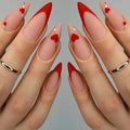 Press on Almond Nails - Red French Tip Fake Nails with Gold Line Design - Heart, Medium False Nails Stick on - for Women 24 Pcs
