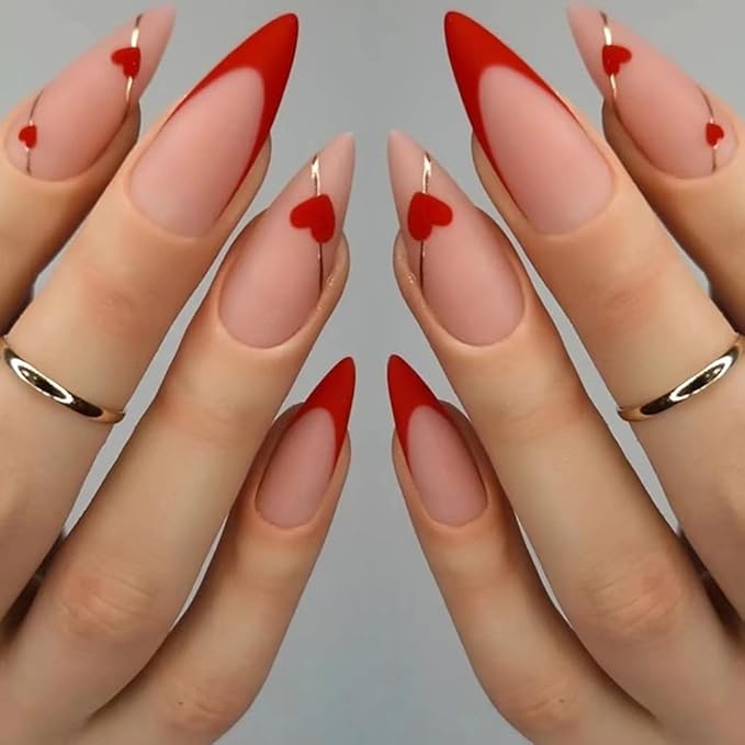 Press on Almond Nails - Red French Tip Fake Nails with Gold Line Design - Heart, Medium False Nails Stick on - for Women 24 Pcs