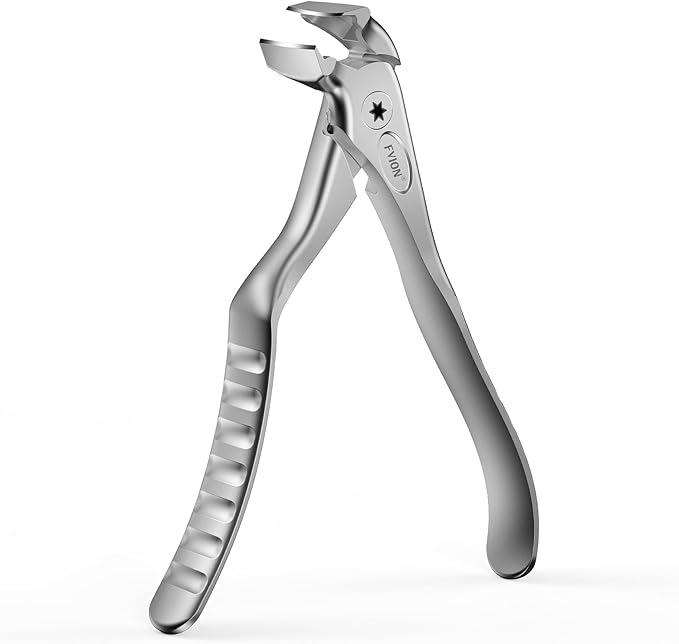 FVION Ergonomic Handle Nail Clippers for Seniors, Angled Head Toenail Clippers for Thick Toenails and Fingernails, Wide Jaw Opening Precision Nail Trimmer with Catcher (Silver)