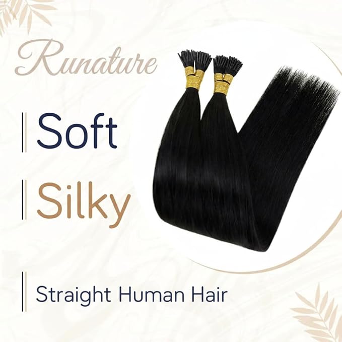 RUNATURE Black I Tip Hair Extensions Human Hair Short Straight Hair Pre Bonded Itip Hair Extensions for Women Real Hair 14 Inch 50G 100 Strands Jet Black