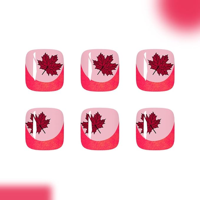 Autumn Press on Toenails Short Square with Maple Leaf Fake Toenails French Tips Glitter Designs Fall Red Glitter Full Cover Acrylic Glue on Toenails for Women Manicure Decoration 24Pcs