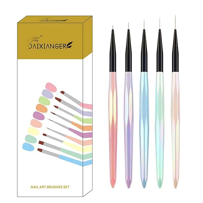 5Pcs Iridescent Handle Nail Liner Brush Set - Professional Ultra-Fine Striping Brushes for Intricate Nail Art, Multi-Color Gel Polish Liner Brushes for Salon & DIY Manicure Detailing