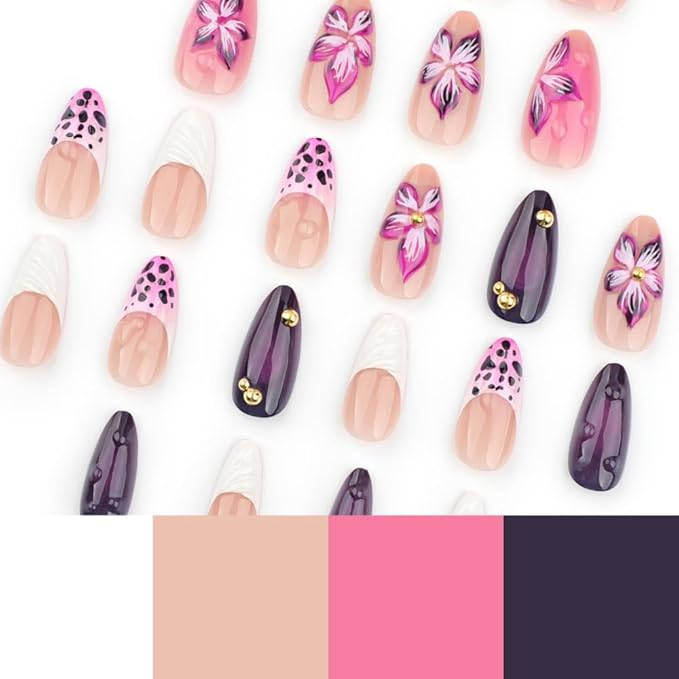 Handmade Press on Nails Medium Almond Fake Nails with Purple Flower Charm Design White French Tips False Nails Pearl Glue on Nails Glossy Full Cover Summer Stick on Nails for Women Manicure 24Pcs